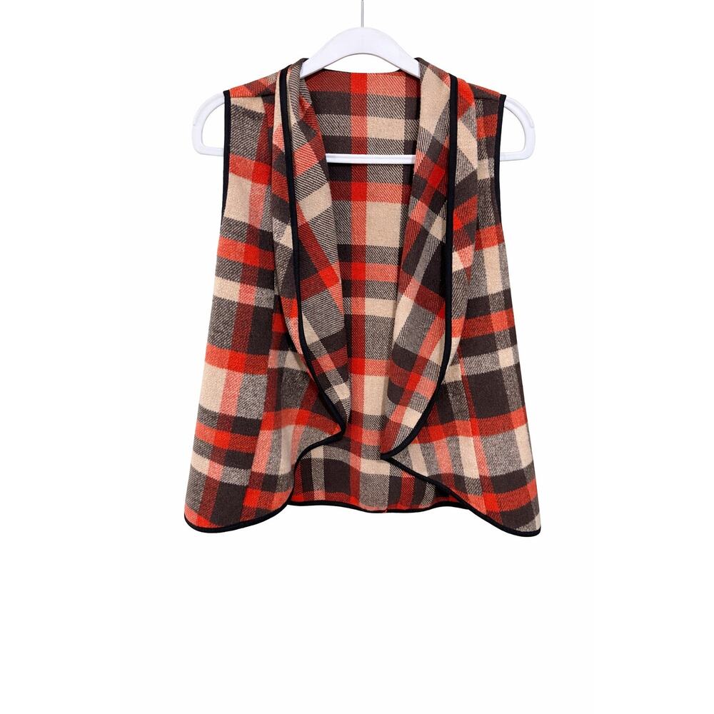 YACUN Rust Brown Plaid Open Front Vest Small Shacket Western Boho Fall‎ Layering